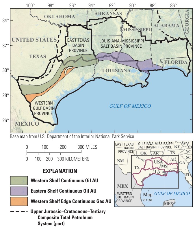 Map of the Gulf Coast showing three continuous assessment units in colour.