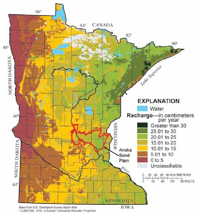 Average annual recharge rate to surficial materials in Minnesota (1971-2000) estimated on the basis of the regional regression recharge method (Lorenz and Delin, 2007)