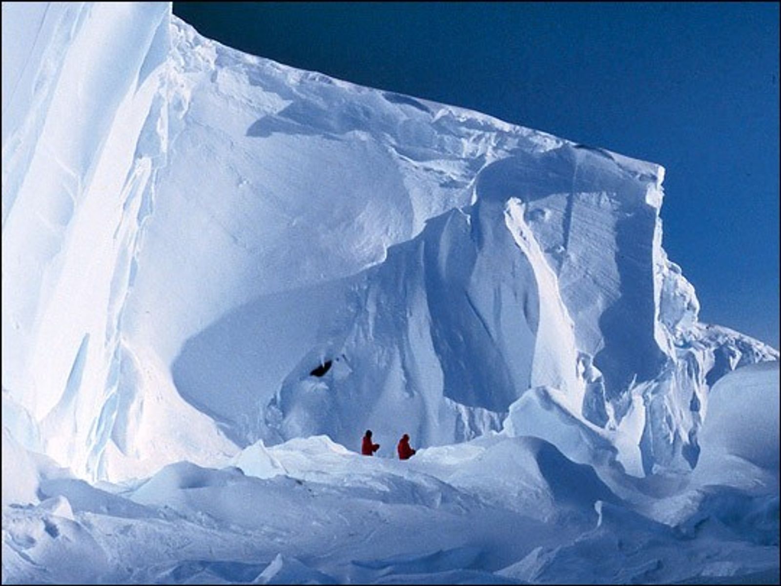 The edge of a vast flat ice shelf meeting the sea