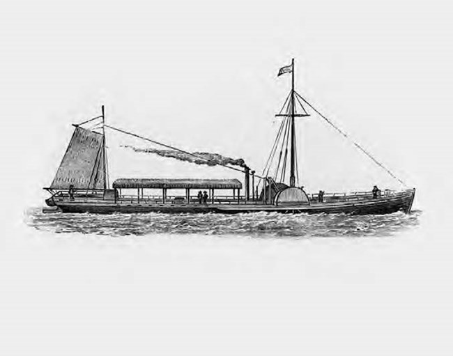 Engraving of Robert Fulton's first steamboat, a long low vessel with a smokestack, masts and side paddlewheels