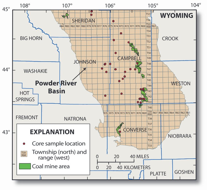 Locations of cored coalbed methane drill holes in the Wyoming part of the Powder River Basin.