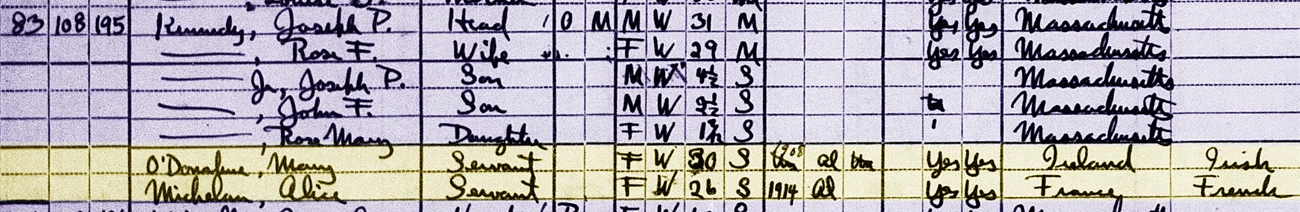 A handwritten 1920 census page listing the occupants of 83 Beals Street, with the two servants’ names highlighted.