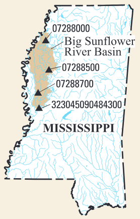 Location of U.S. Geological Survey streamgages on the Big Sunflower River, Mississippi.