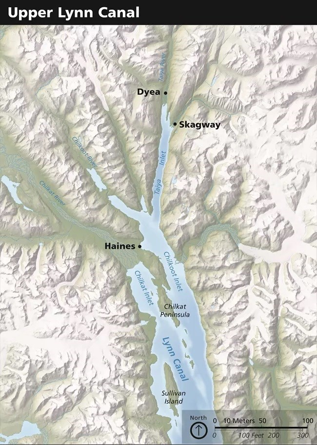Map of northern Lynn Canal in southeast Alaska, marking Dyea and Skagway