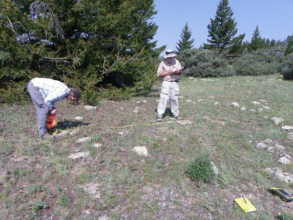 Ann and Ben Darling standing in a field with trees in the background. Ben is standing inside of a stone circle and looking down at something he is recording. Ann is outside the circle measuring it with measuring tape.