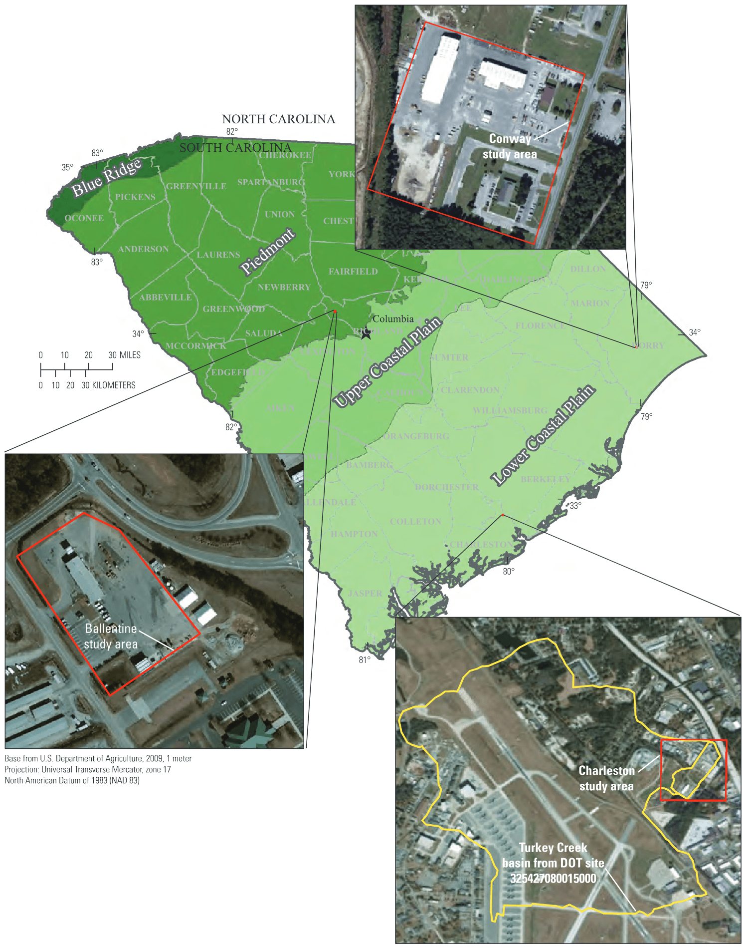 Location of South Carolina Department of Transportation (DOT) Ballentine section shed, Conway and North Charleston maintenance yards, Turkey Creek Basin in South Carolina.