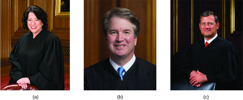 Image A is of Justice Sonia Sotomayor. Image B is of Justice Brett Kavanaugh. Image C is of Justice John Roberts.