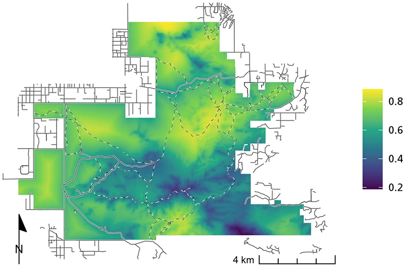 Map of predicted mule deer occurrence, lowest on the southeastern peaks and ridges.