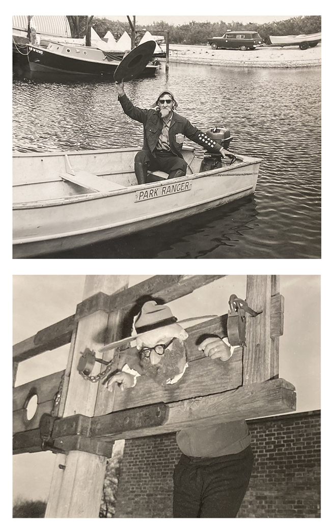 One Lick Evergreen in a boat, and locked in the stocks.