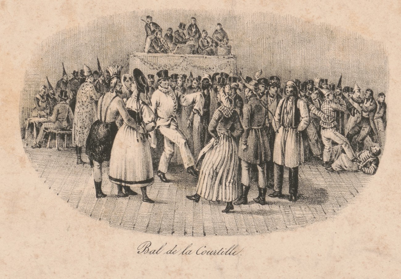 Sketch of a crowd in various costumes dancing on a wooden floor.