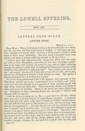 A page from The Lowell Offering printing "Letters from Susan"