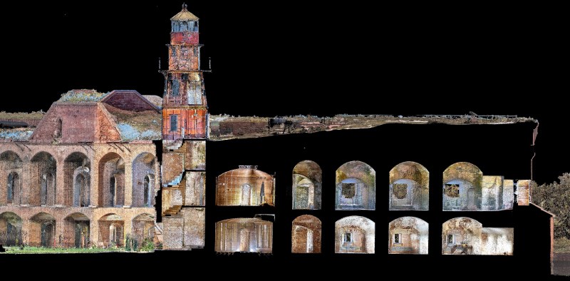 Color image of an assembled point cloud showing an elevation of the fort consisting of rows of red brick arches. The image transitions into a cut-away section t