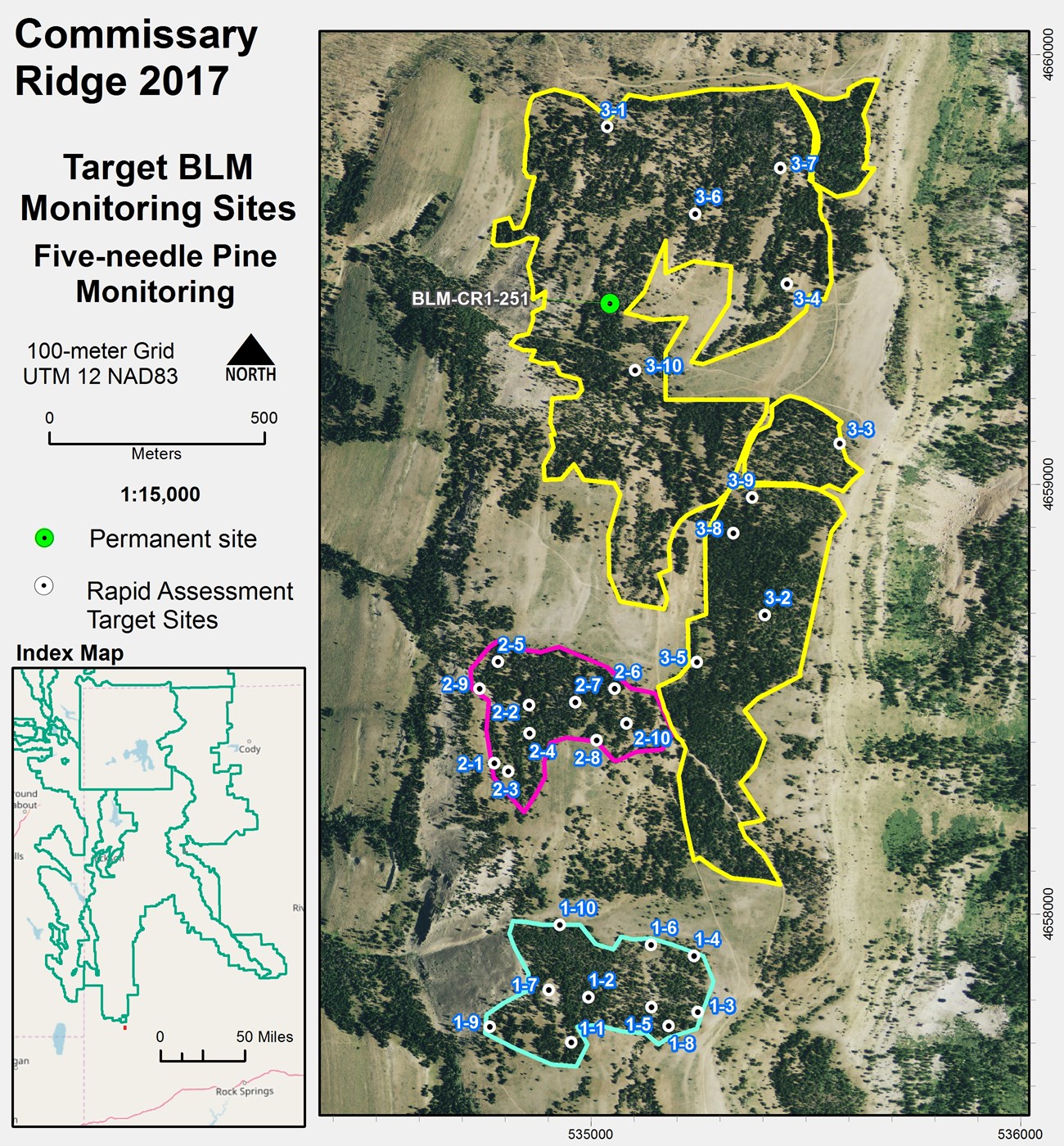 Map of forest stands at Commissary Ridge with outlined map units and marked random plot centers.