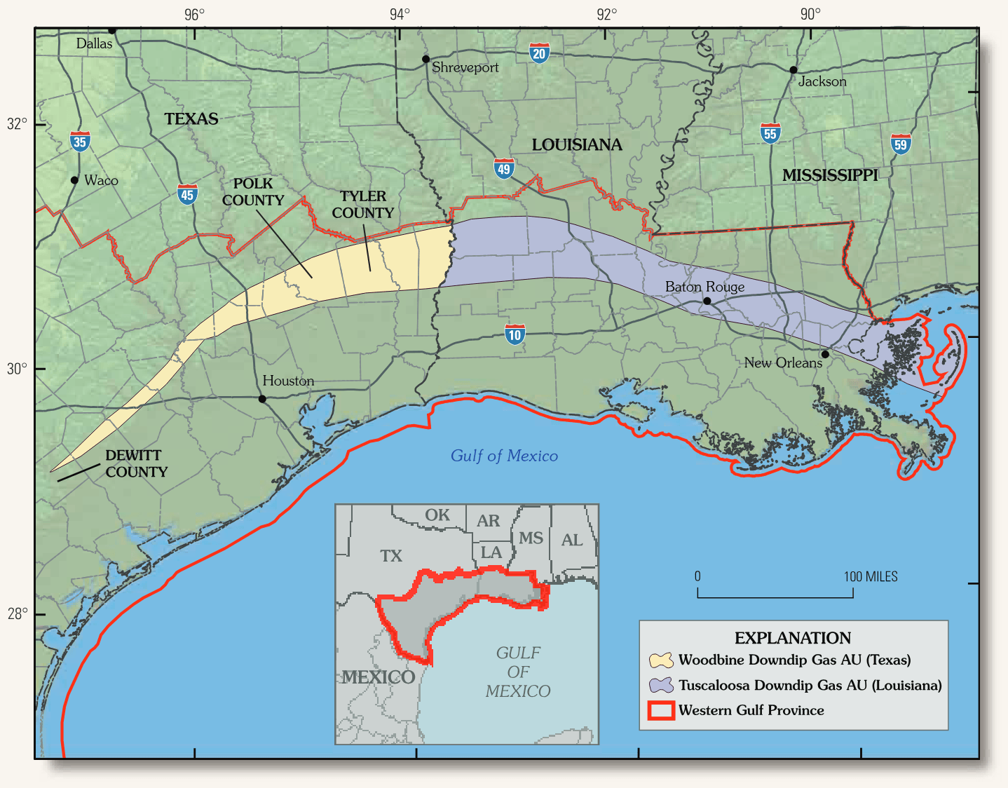 Map of the Western Gulf Province of the Gulf Coast region showing distribution of the Tuscaloosa Downdip Gas and Woodbine Downdip Gas Assessment Units (AU) in the Upper Cretaceous