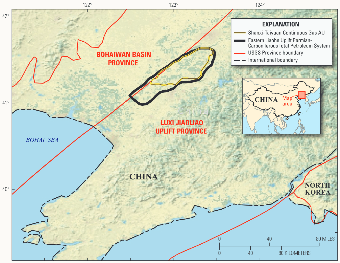 Location of U.S. Geological Survey geologic provinces, the boundaries of the Eastern Liaohe Uplift Permian-Carboniferous Total Petroleum System, and Shanxi-Taiyuan Continuous Gas A