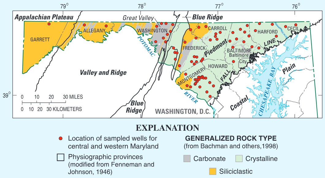 Generalized geology and physiography in central and western Maryland and locations of 72 wells sampled, 1994–2003.