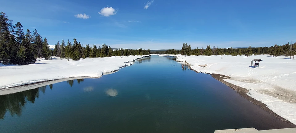 A calm river between snowy banks and scattered conifers.
