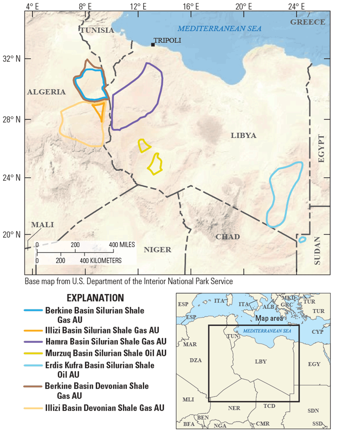 Map of northern Africa outlining seven assessment units across Algeria, Libya and Sudan