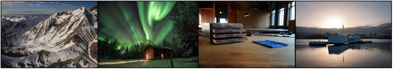 Four photos: mountains, northern lights over a cabin, a drafting desk, and a memorial over the water