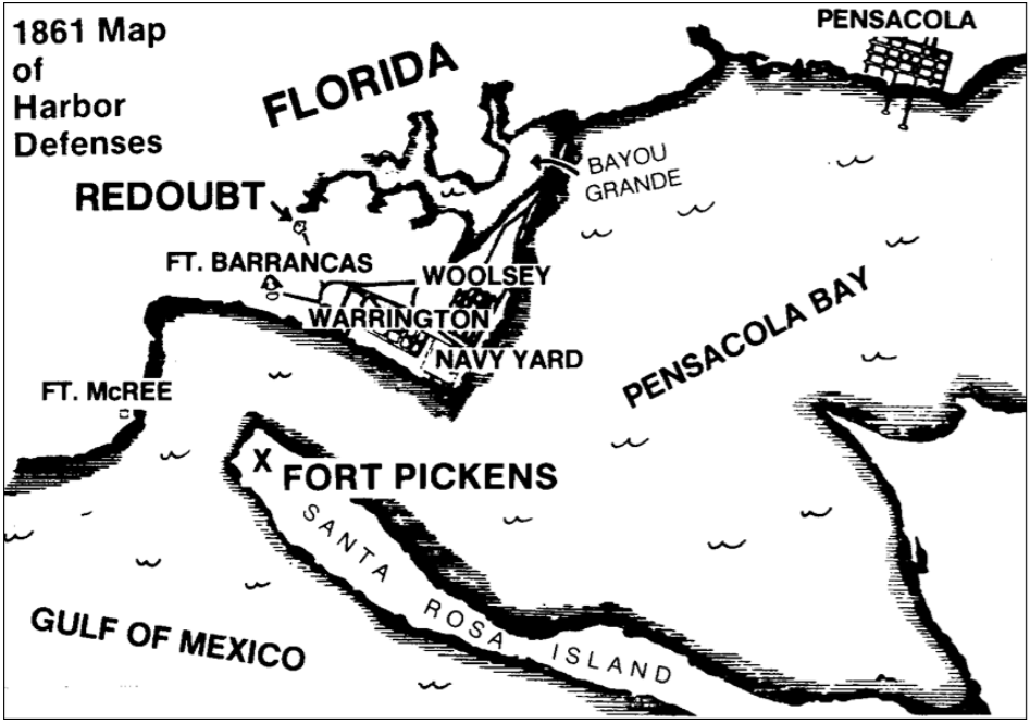An 1861 map of the harbor defenses of Pensacola Bay, showing the forts
