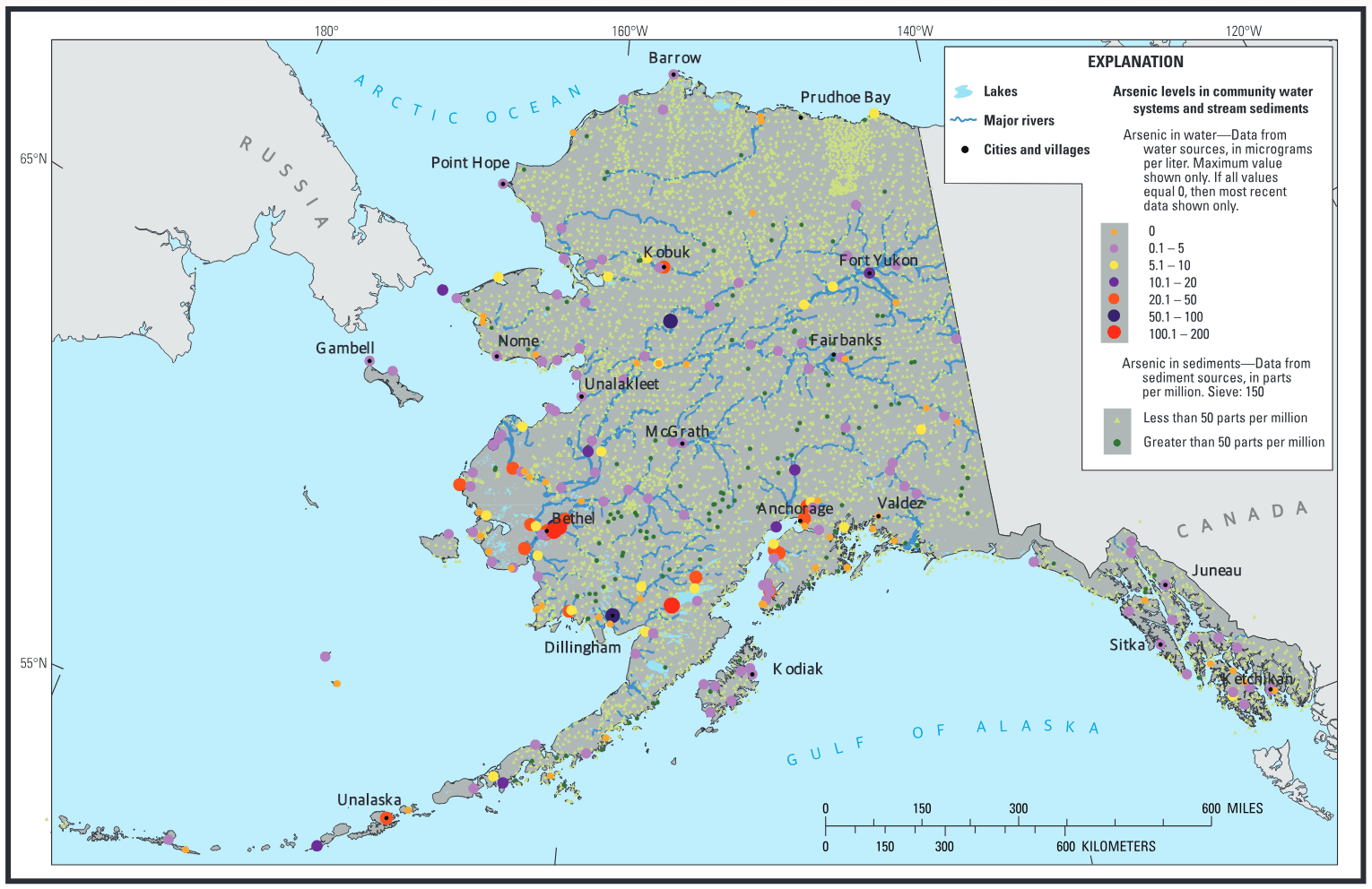 Arsenic levels in samples collected from community water systems and stream sediments in Alaska.