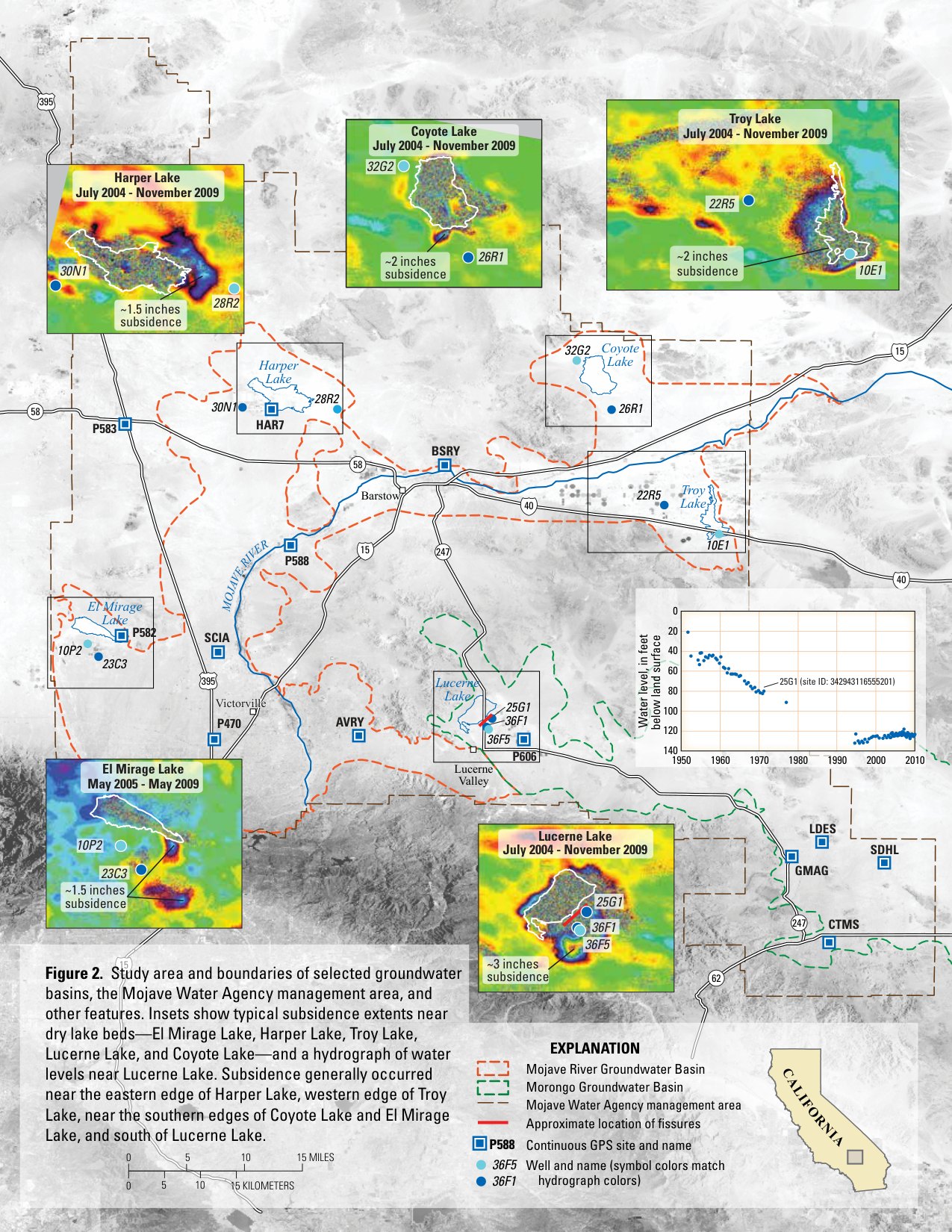 A map of the southwestern Mojave Desert with groundwater basins, dry lakebeds and color InSAR panels showing subsidence at El Mirage, Harper, Troy, Coyote and Lucerne Lakes