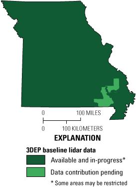 Map of Missouri showing baseline lidar data available or in progress across almost the whole state as of May 2023