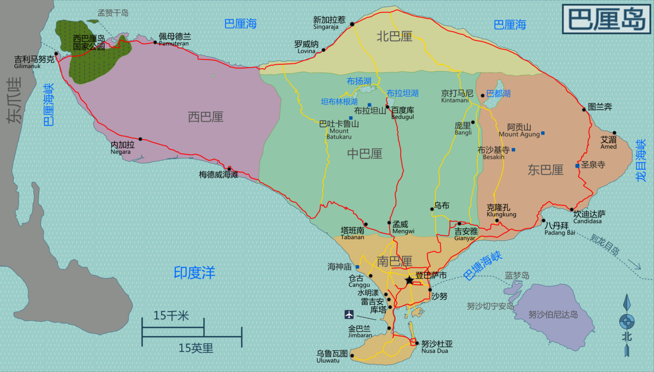 巴厘岛以地區顏色編碼的地圖