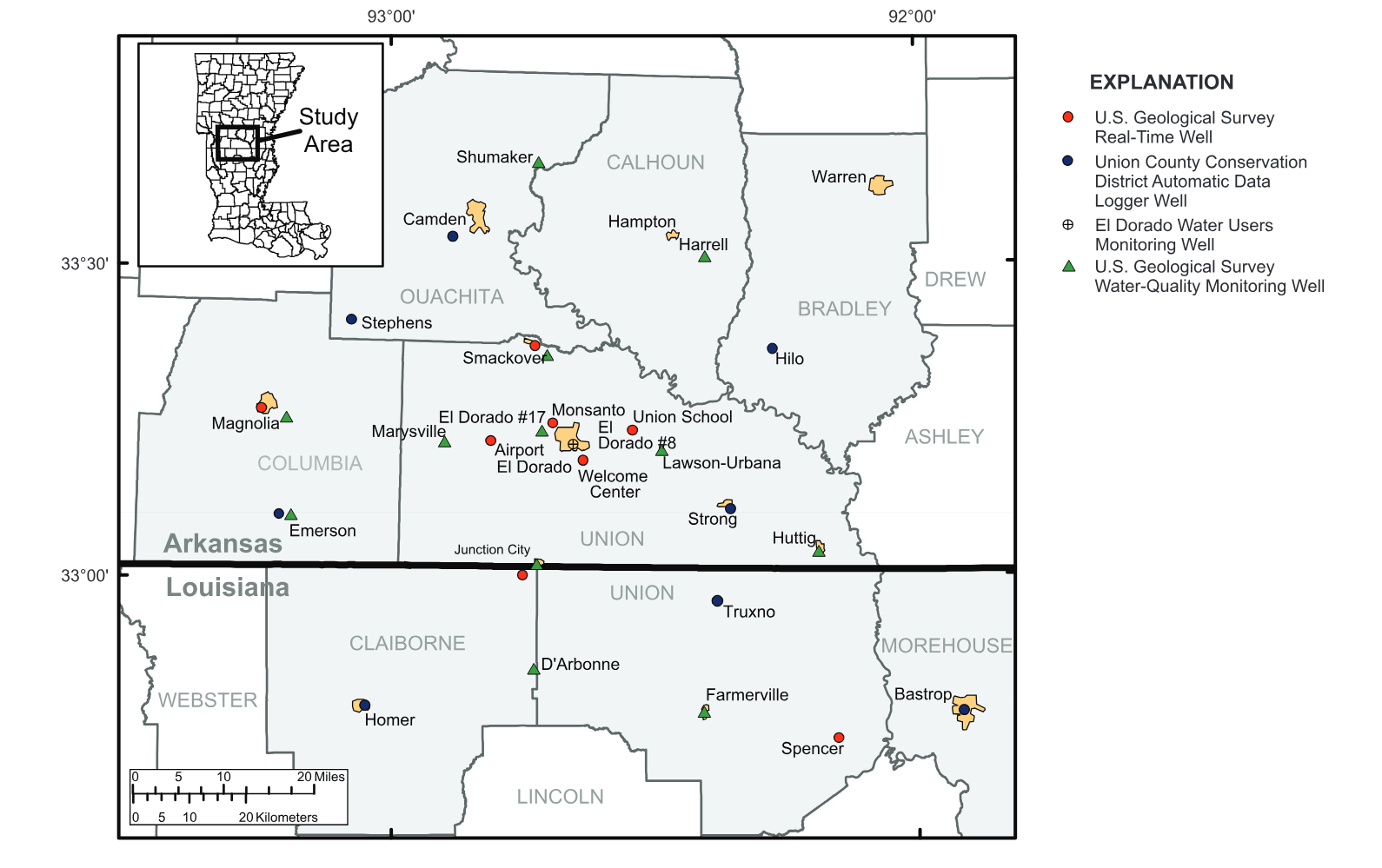 Location of water-level and water-quality monitoring wells.