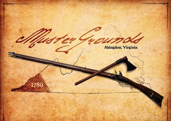 A rifle and hatchet crossed over a map of Virginia with the text Muster Grounds, Abingdon, Virginia