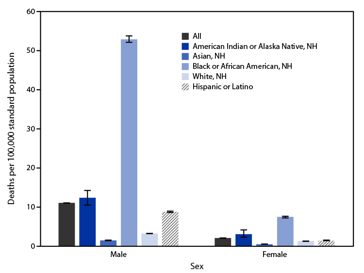 Bar graph of 2021 age-adjusted firearm homicide rates in the United States by race, Hispanic origin and sex.