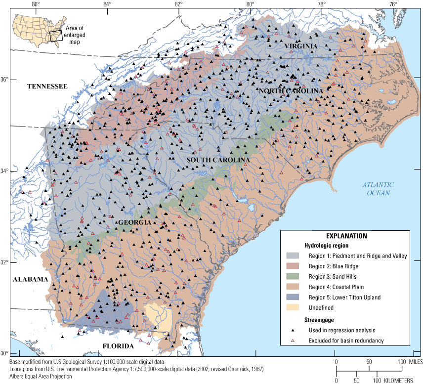 Map showing hydrologic regions and locations of rural U.S. Geological Survey streamgages with 10 or more years of record that were considered for use in the regional regression analysis for rural streams in Georgia, South Carolina, North Carolina, and surrounding States.