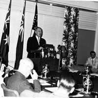 Secretary of State Dean Acheson speaking at an ANZUS Conference