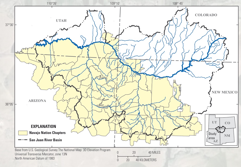 Map of the San Juan River Basin across Utah, Colorado, Arizona and New Mexico, showing the river and its tributaries, including the Animas River, with Navajo Nation chapters shaded.
